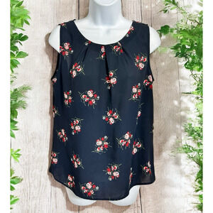 Loft Outlet Navy Floral Blouse Sz Small Petite Sleeveless Career Wear Top Loose